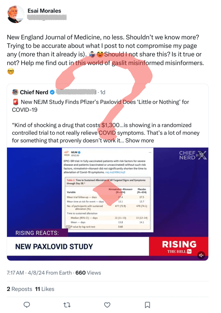 It is not true that Paxlovid does little or nothing for COVID if you are high risk.