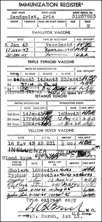 An immunization record from the US Army in the 1940s.